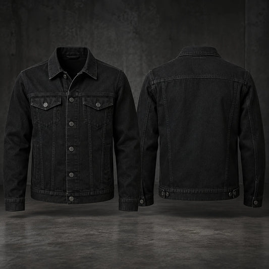 Deep-black motorcycle club denim jacket with gunmetal hardware.