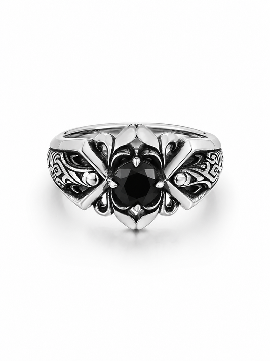 Black Gemstone Ornate Scroll Sterling Silver Ring - product view