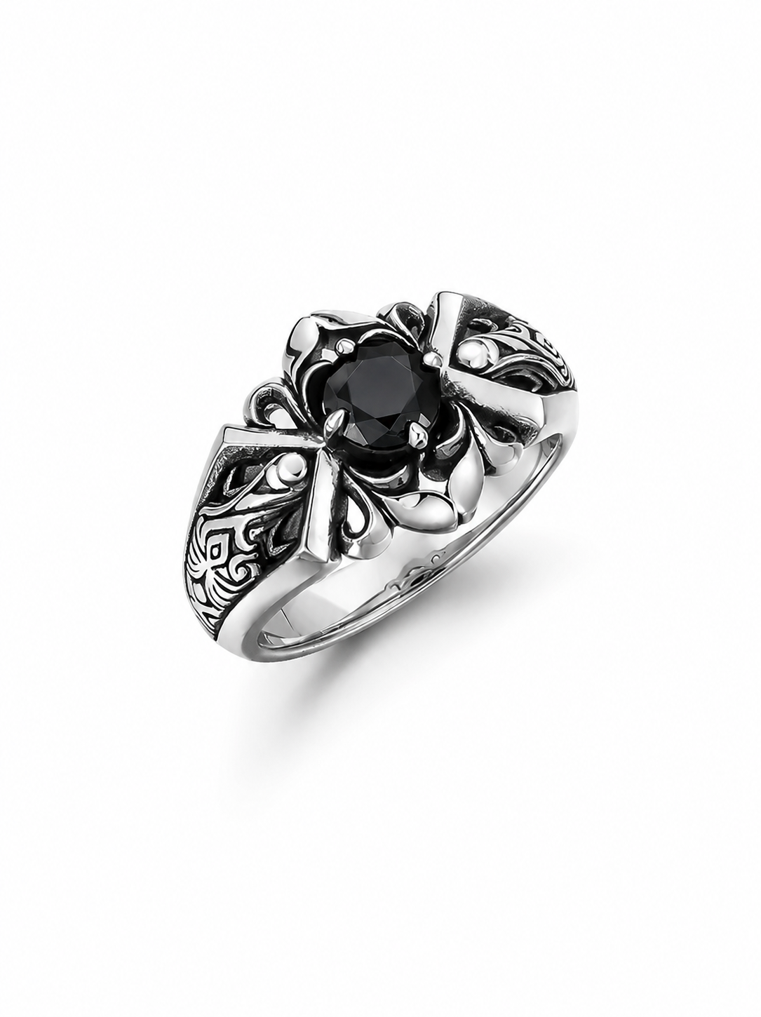 Black Gemstone Ornate Scroll Sterling Silver Ring - product view 3