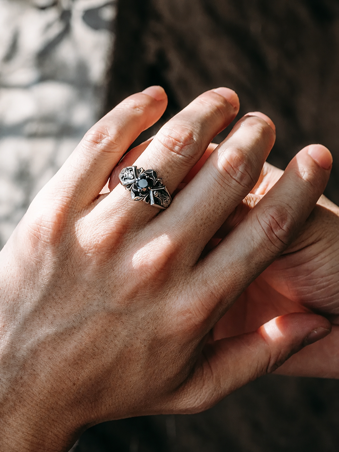 Black Gemstone Ornate Scroll Sterling Silver Ring - product view 4