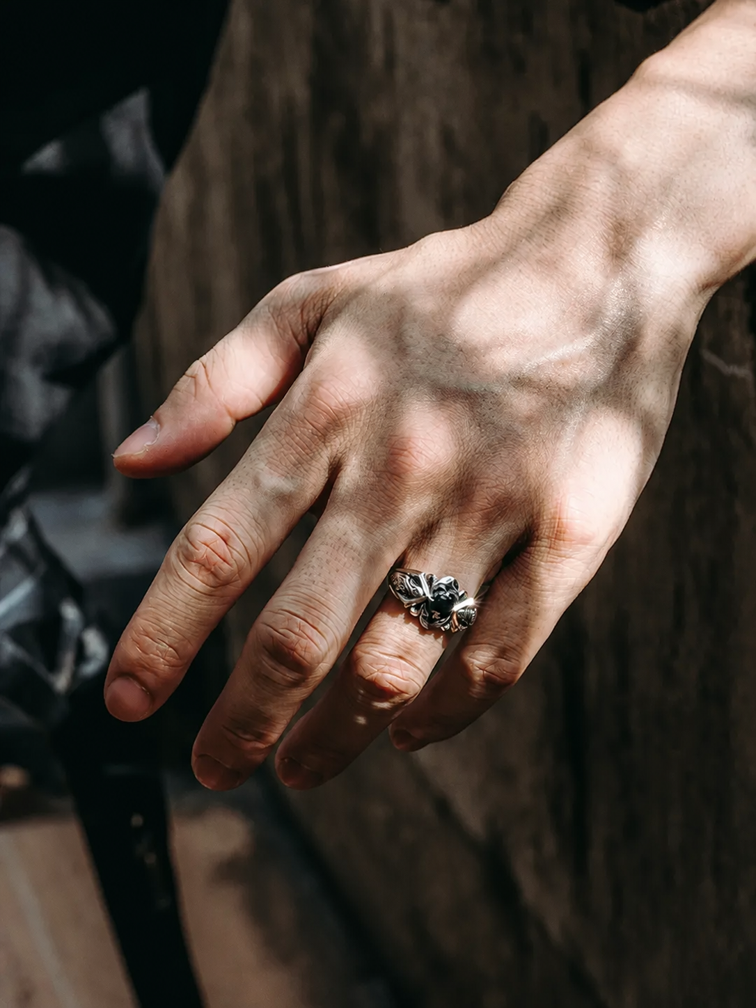 Black Gemstone Ornate Scroll Sterling Silver Ring - product view 5
