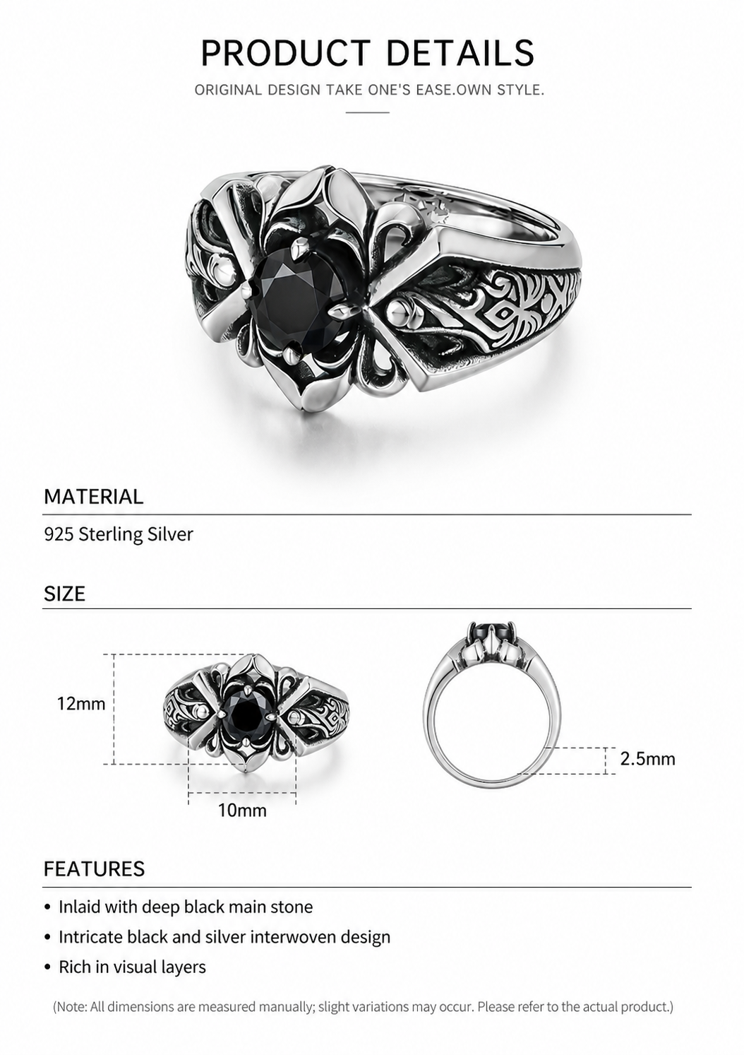 Black Gemstone Ornate Scroll Sterling Silver Ring - English product detail 9