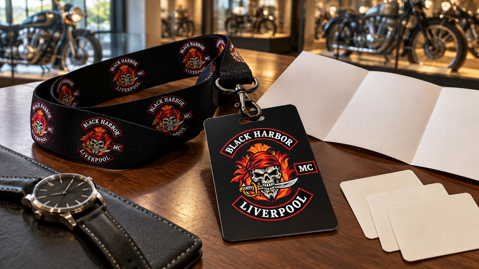 A Black Harbor Liverpool motorcycle club lanyard beside a blank schedule for a Museum LIVE programme owner