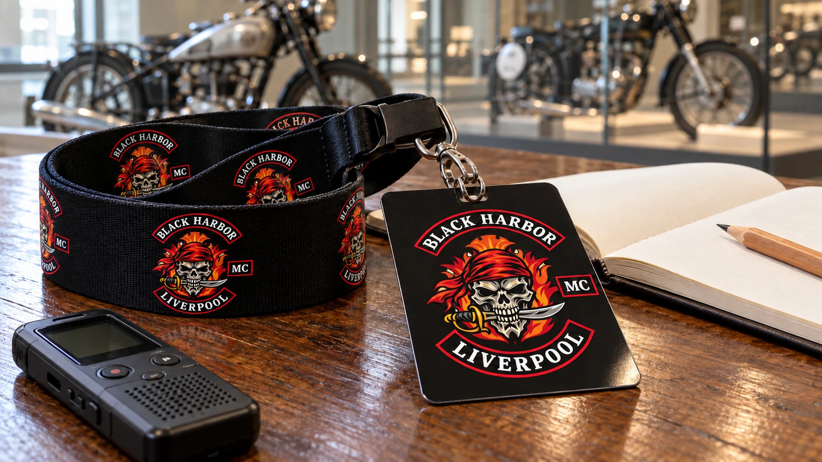 Black Harbor Liverpool motorcycle club logo lanyard beside a blank notebook for source-controlled Museum LIVE notes