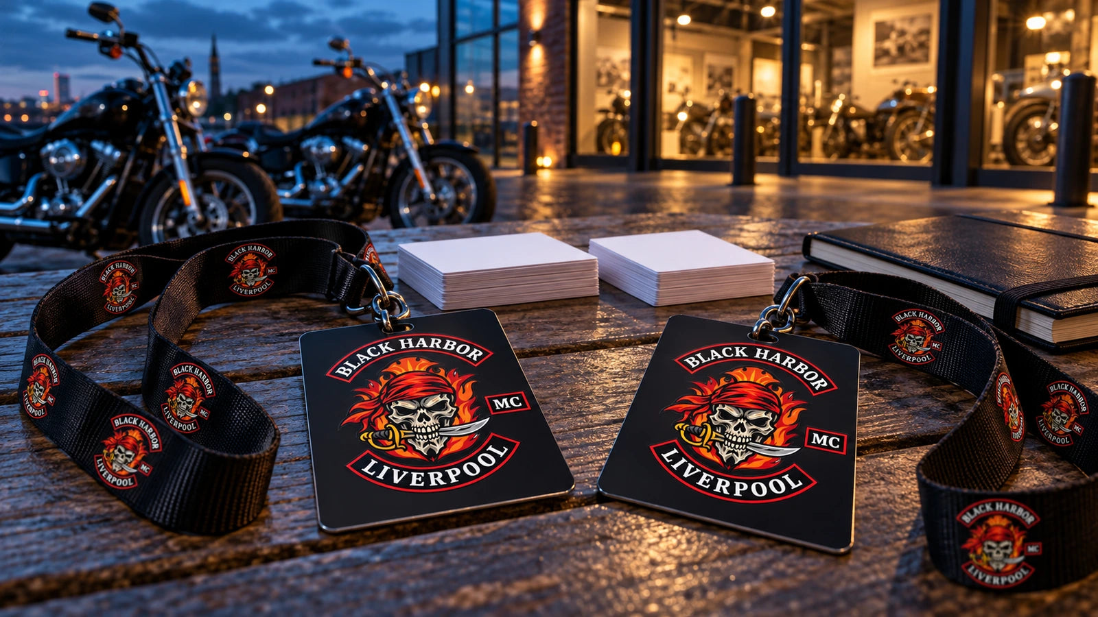 Black Harbor Liverpool motorcycle club lanyards beside a two-stack Museum LIVE exit debrief record