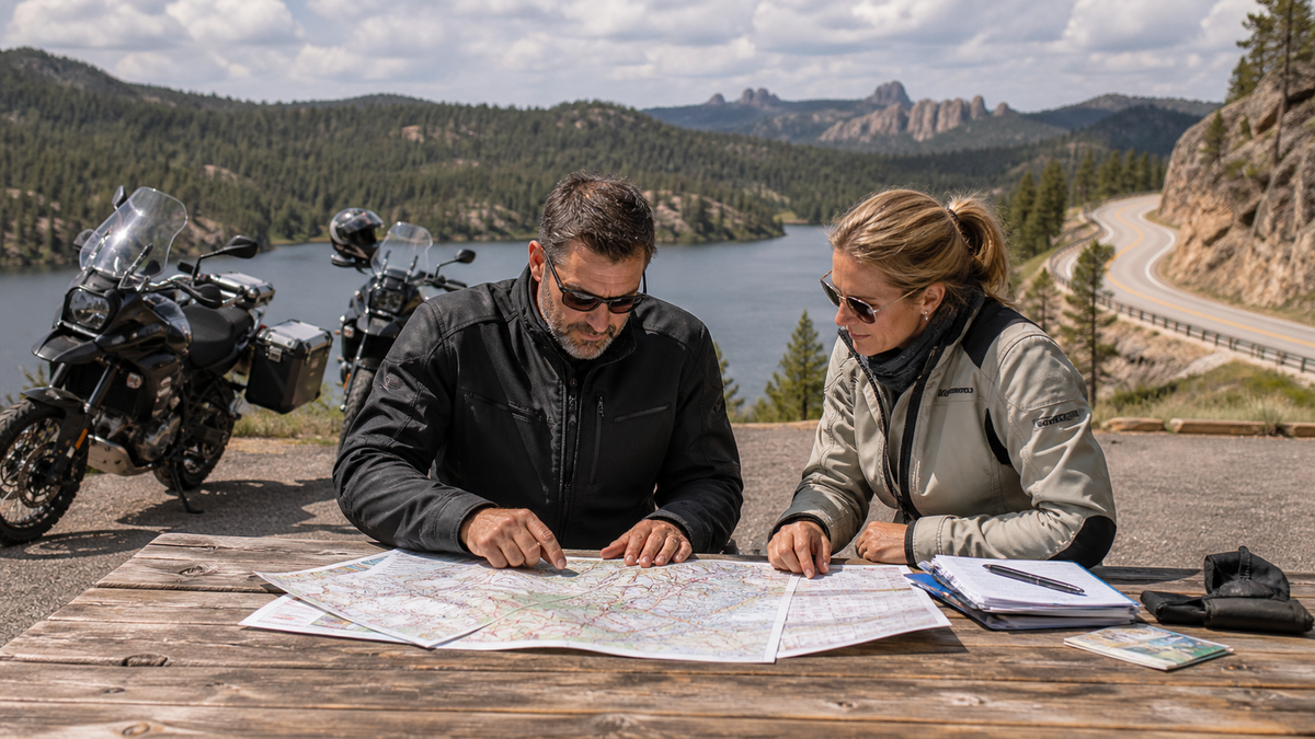 Motorcycle travelers checking a route map at a legal Black Hills scenic pullout