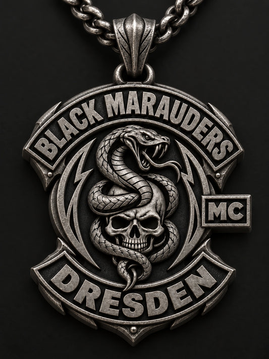Gunmetal zinc alloy Black Marauders motorcycle club pendant with detailed cast relief and a complete chain.