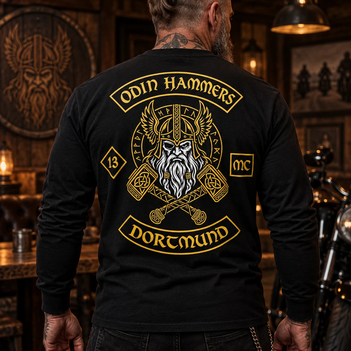 Black motorcycle club long-sleeve shirt with a high-contrast custom emblem.