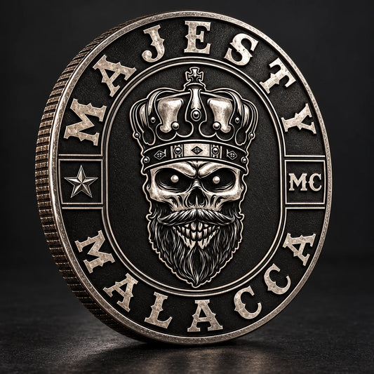 Black nickel motorcycle club challenge coin with dark reflective plating.