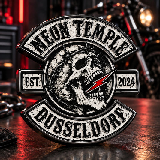 Neon Temple Dusseldorf custom 3D color pin with glossy black nickel framework