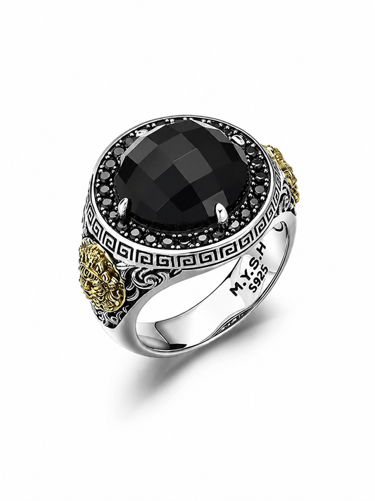 Black Onyx Yellow Wealth God Sterling Silver Ring - product view