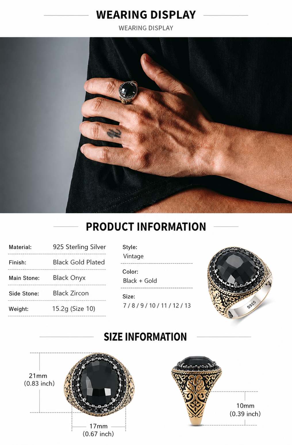 Black Onyx Yellow Wealth God Sterling Silver Ring - English product detail 10