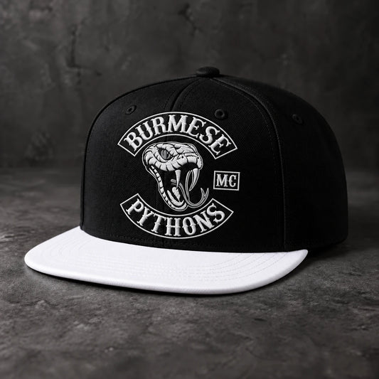 Black / White custom motorcycle club flat-brim cap with a large centered embroidered club logo.