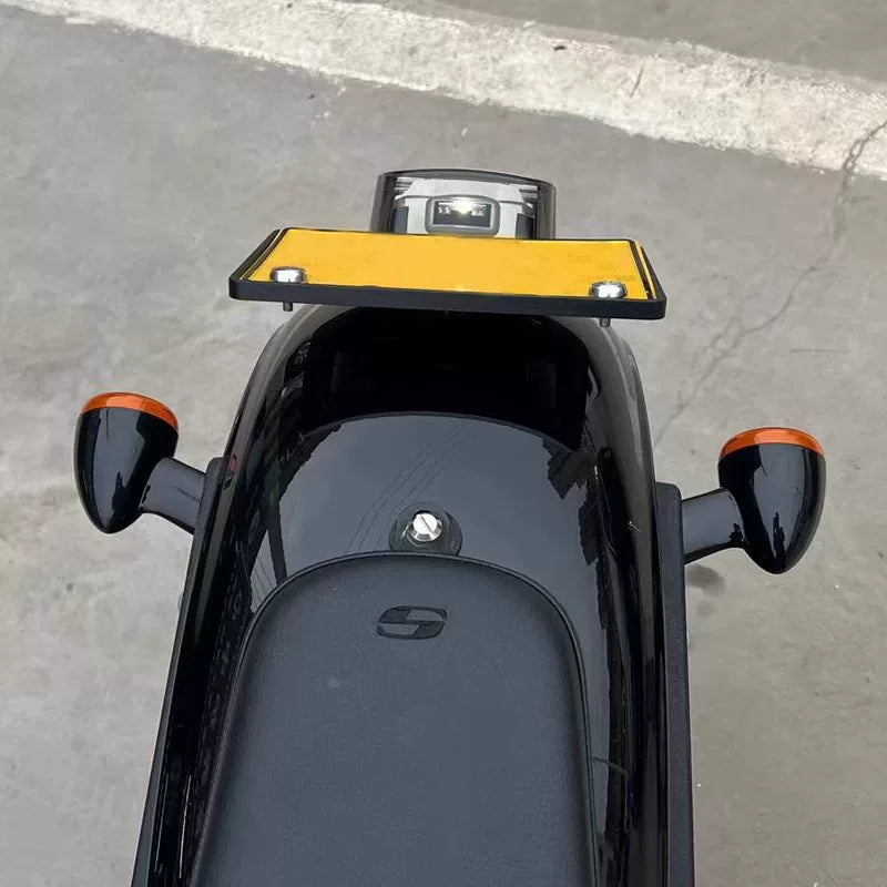 Rear view of installed BLACK3 angled license plate bracket