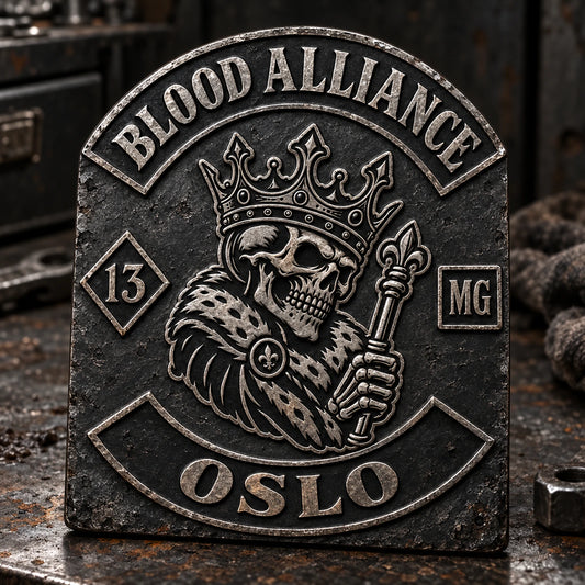 Blackened metal motorcycle club plaque with rugged matte texture and high-contrast raised details.