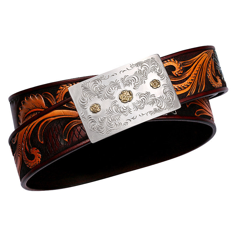Bloom Gold-Accent Silver Tooled Leather Biker Belt — product view