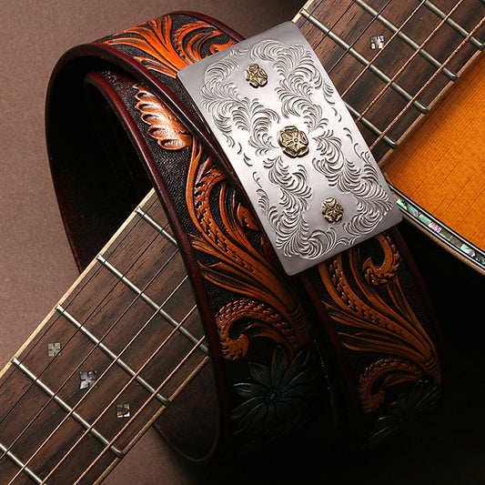 Bloom Gold-Accent Silver Tooled Leather Biker Belt — detail view 1