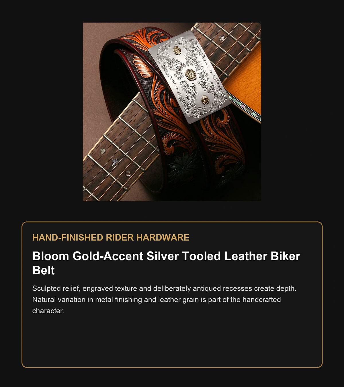 Bloom Gold-Accent Silver Tooled Leather Biker Belt craftsmanship guide in English