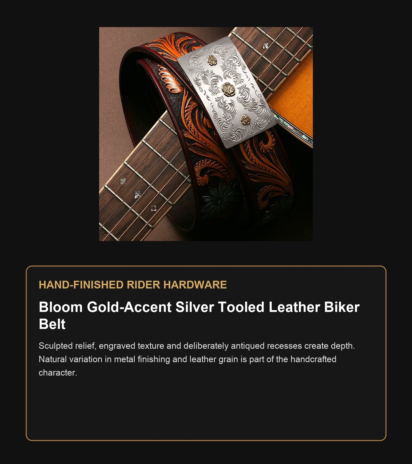 Bloom Gold-Accent Silver Tooled Leather Biker Belt craftsmanship guide in English