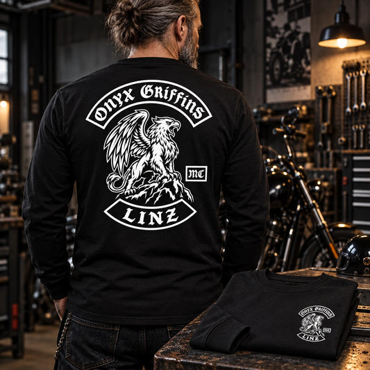 Approved motorcycle club emblem adapted as a bold custom long-sleeve shirt design.