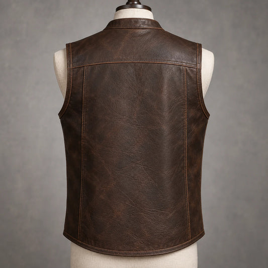 Complete dark-brown motorcycle club leather vest with a longer heritage cut.