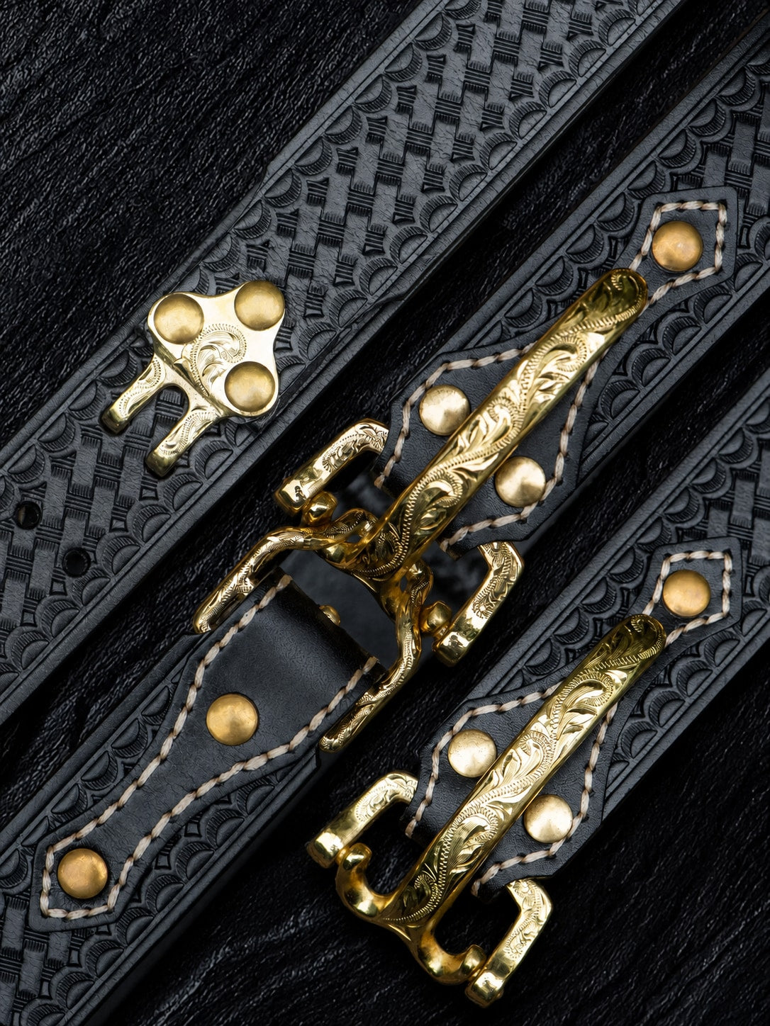 Brass Cavalry Hook Full-Grain Leather Biker Belt brass cavalry hook buckle detail
