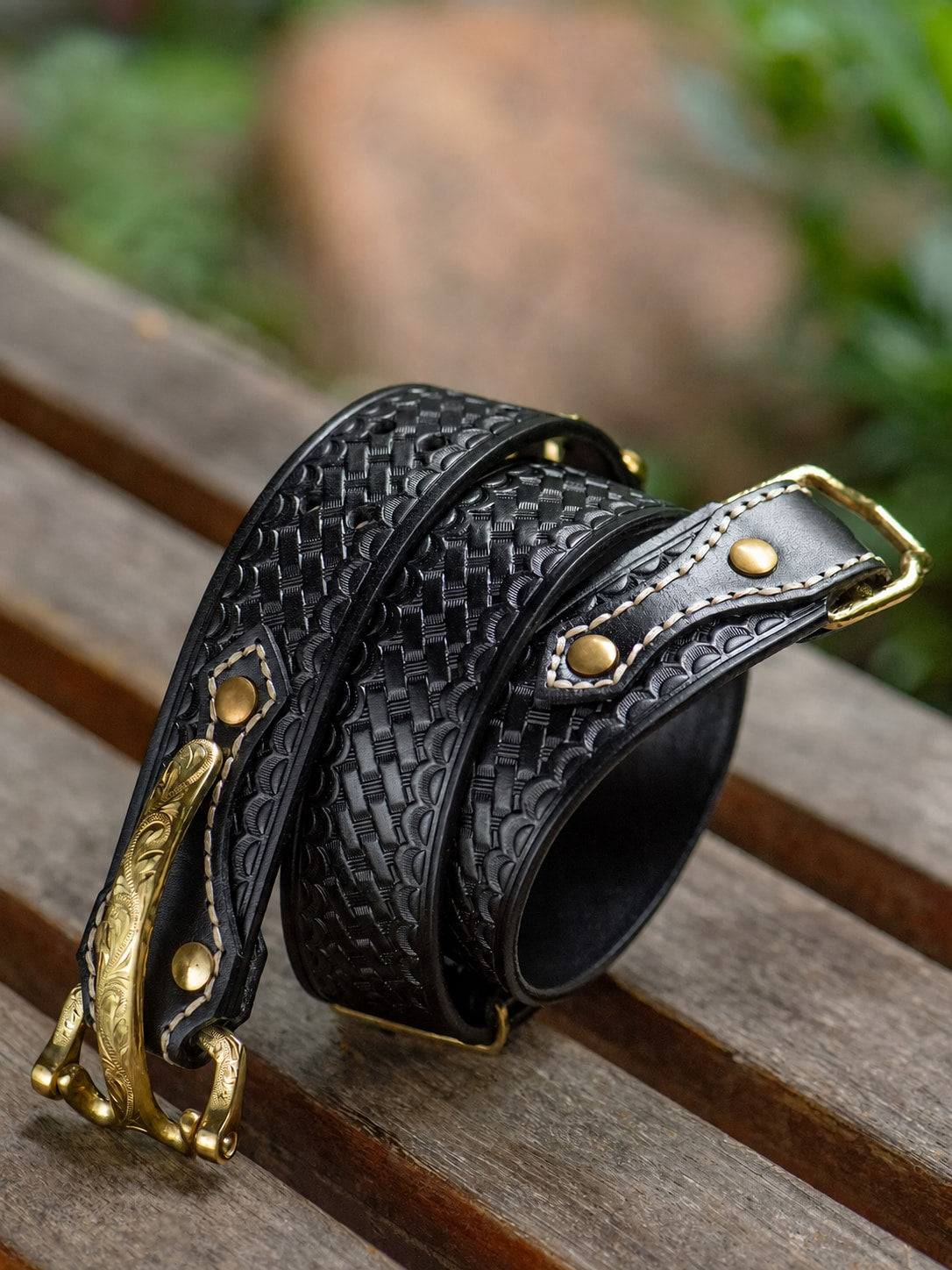 Brass Cavalry Hook Full-Grain Leather Biker Belt coiled full-grain leather belt view
