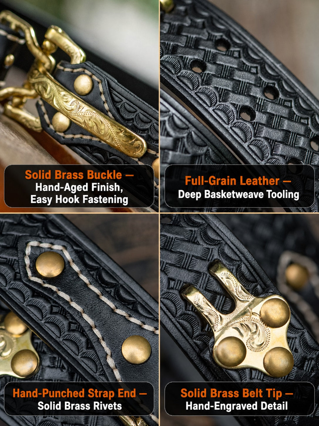 Brass Cavalry Hook Full-Grain Leather Biker Belt English construction details