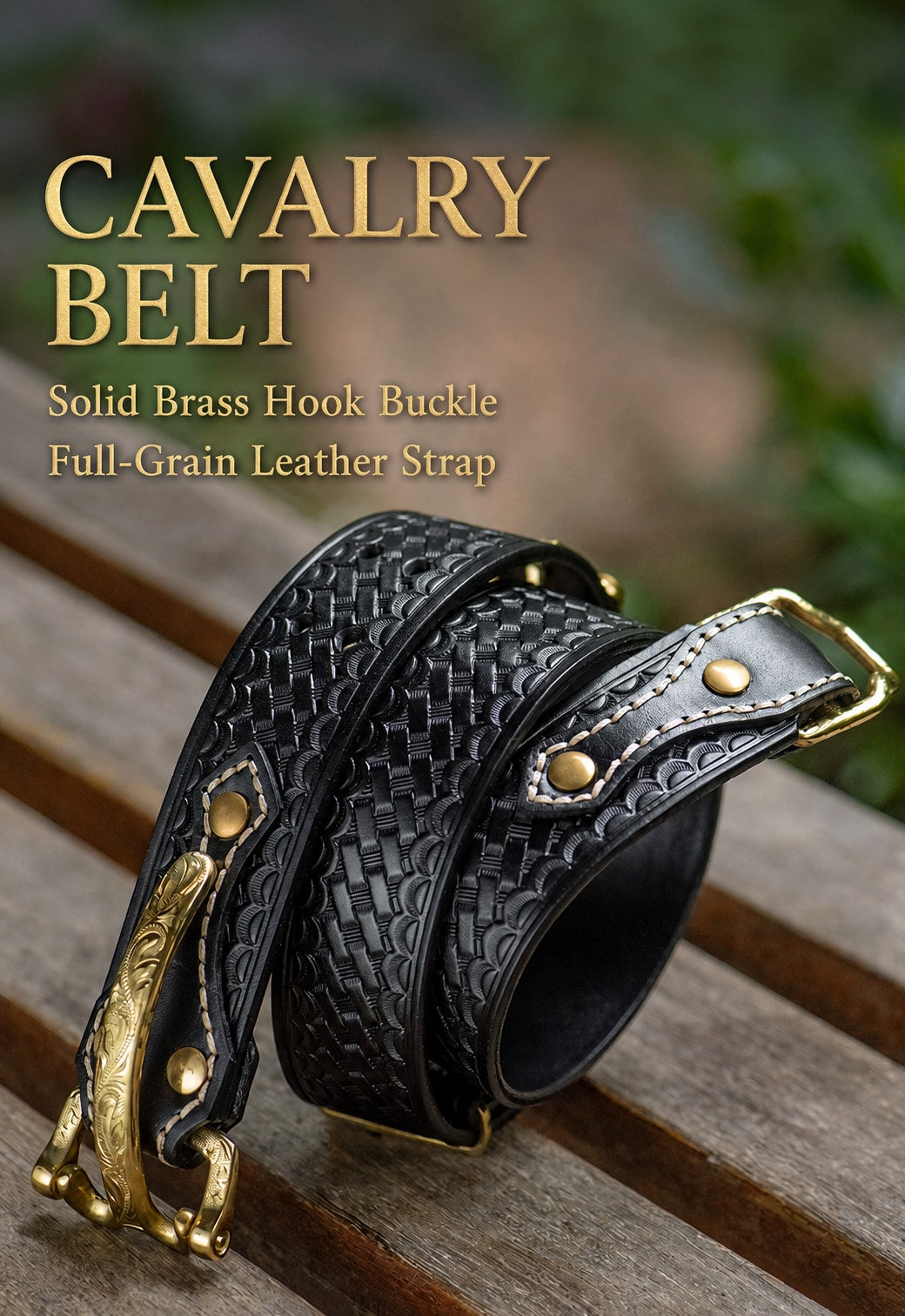 Brass Cavalry Hook Full-Grain Leather Biker Belt English materials overview