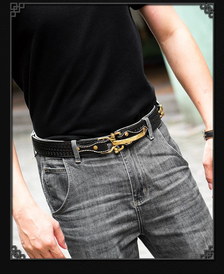 Brass Cavalry Hook Full-Grain Leather Biker Belt on-body fit view