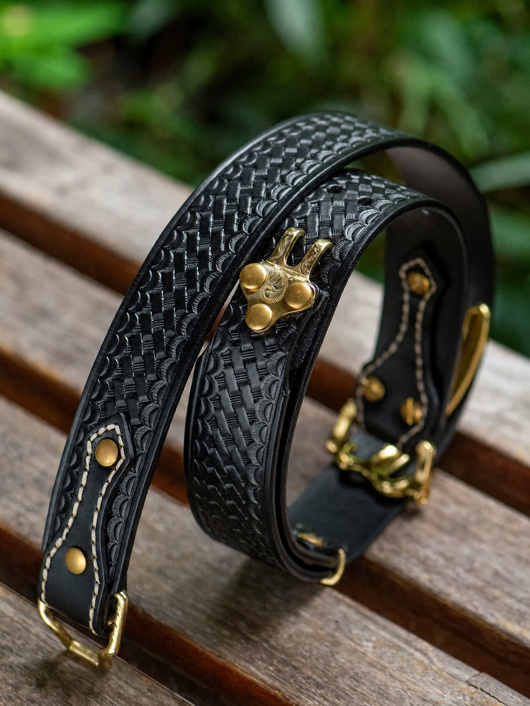 Brass Cavalry Hook Full-Grain Leather Biker Belt engraved brass strap tip detail