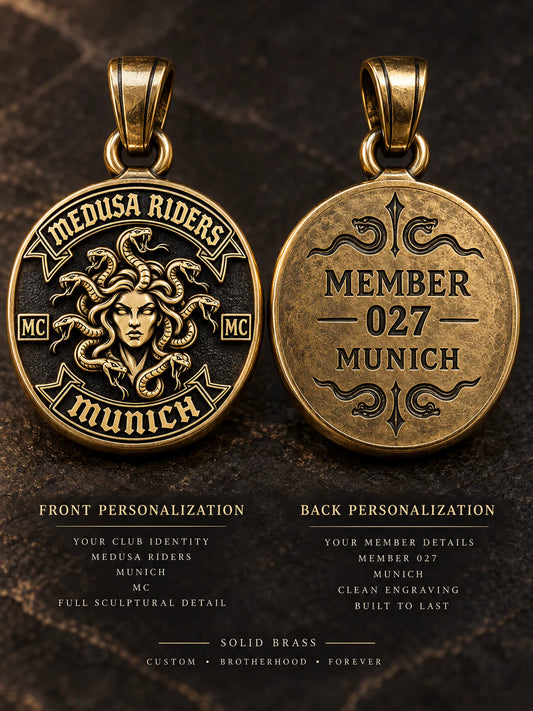 Front and back personalized Medusa Riders solid brass motorcycle club pendant.