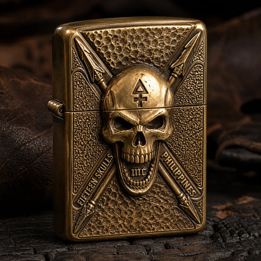 Brass motorcycle club lighter with an authorized heritage emblem in sculpted relief