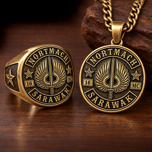 Warm brass motorcycle club jewelry with solid relief and an authorized club emblem.