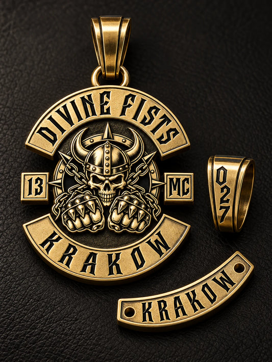Divine Fists solid brass club pendant with member and chapter personalization.