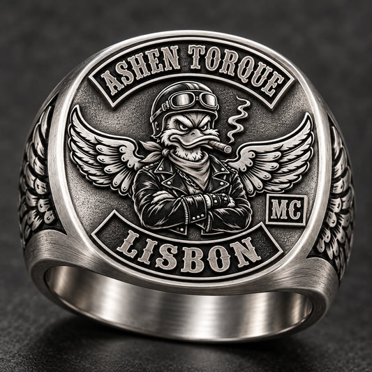 Brushed satin stainless steel club ring with visible directional metal grain.