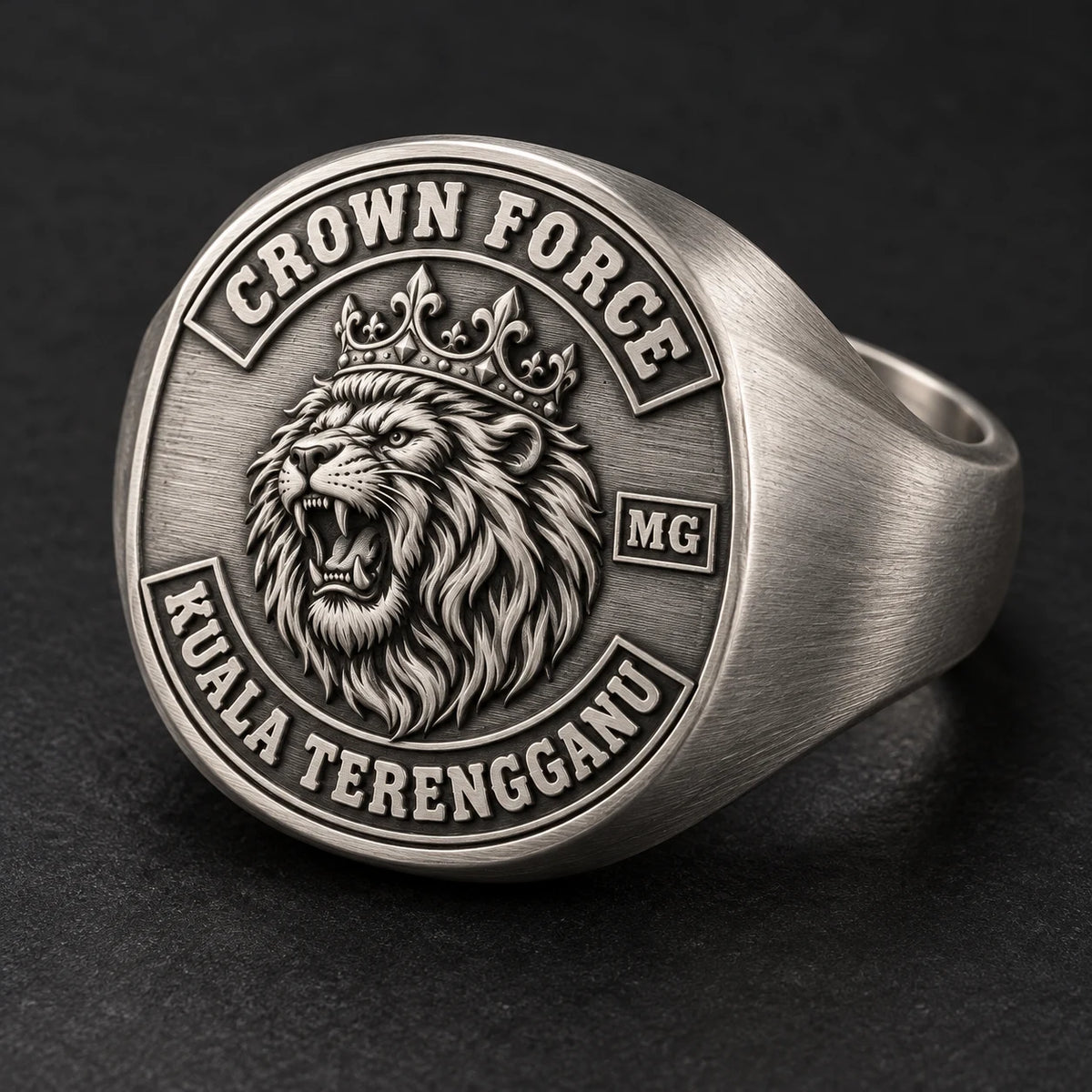 Brushed satin white copper Crown Force motorcycle club ring with a soft directional grain and understated sheen.