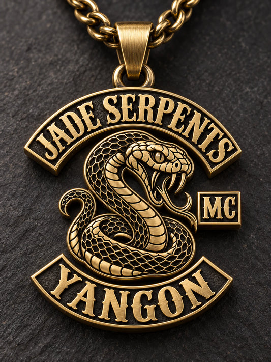 Brushed solid brass Jade Serpents motorcycle club pendant.