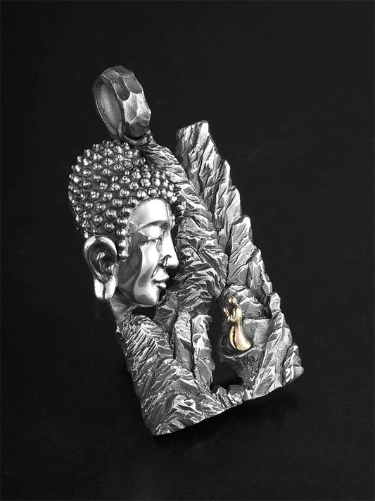 Buddha and seeker mountain sterling silver pendant, left view