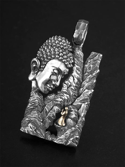 Buddha and seeker mountain sterling silver pendant, right view
