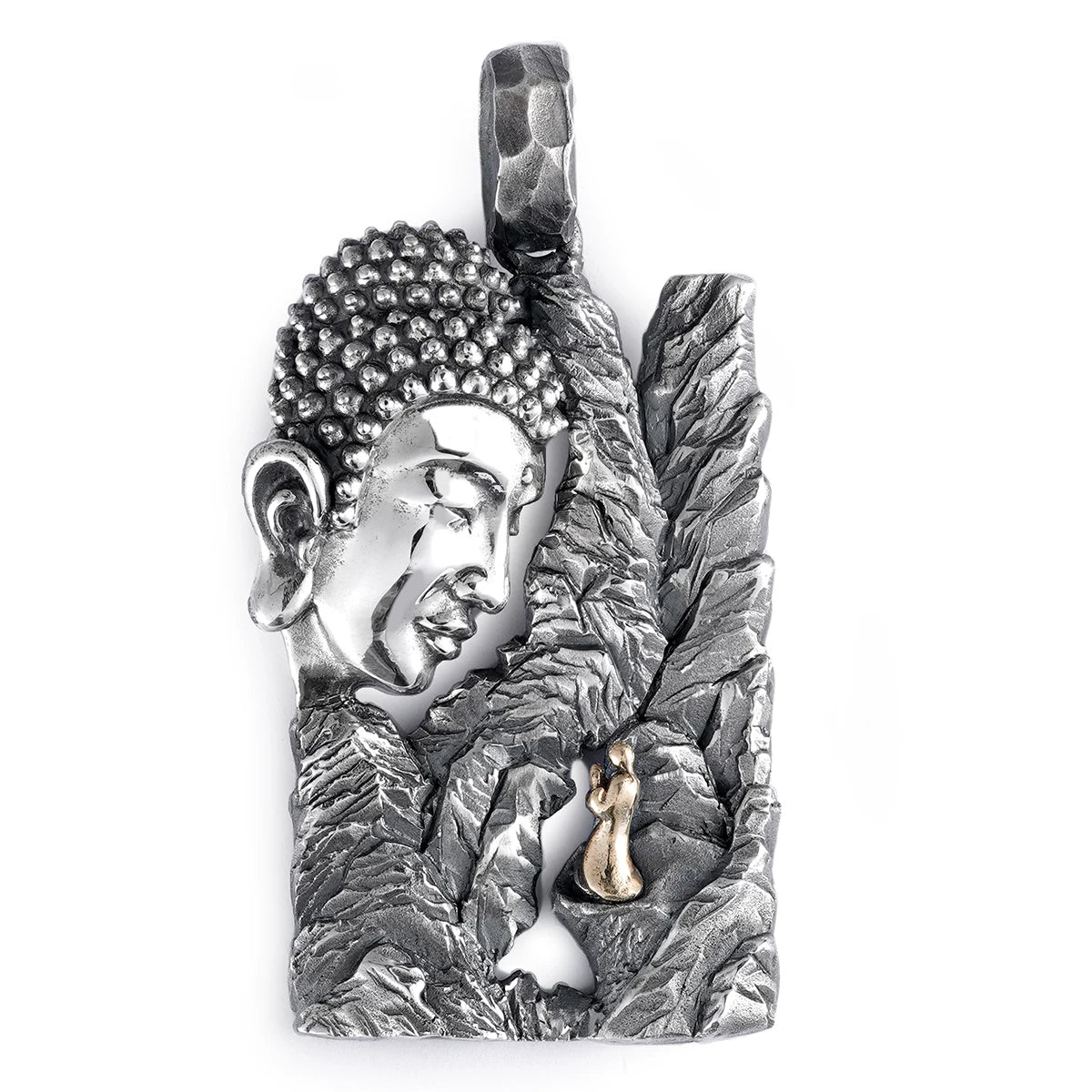 Buddha and seeker mountain sterling silver pendant on white background