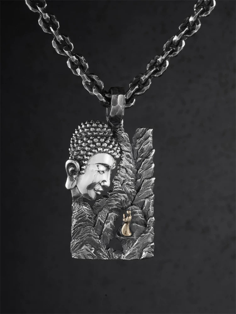 Buddha and seeker mountain sterling silver pendant worn on chain