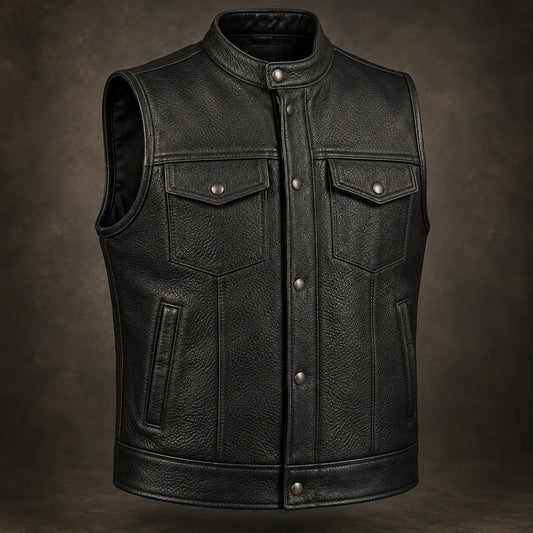 Buffalo leather motorcycle club vest showing rugged natural grain and substantial character.