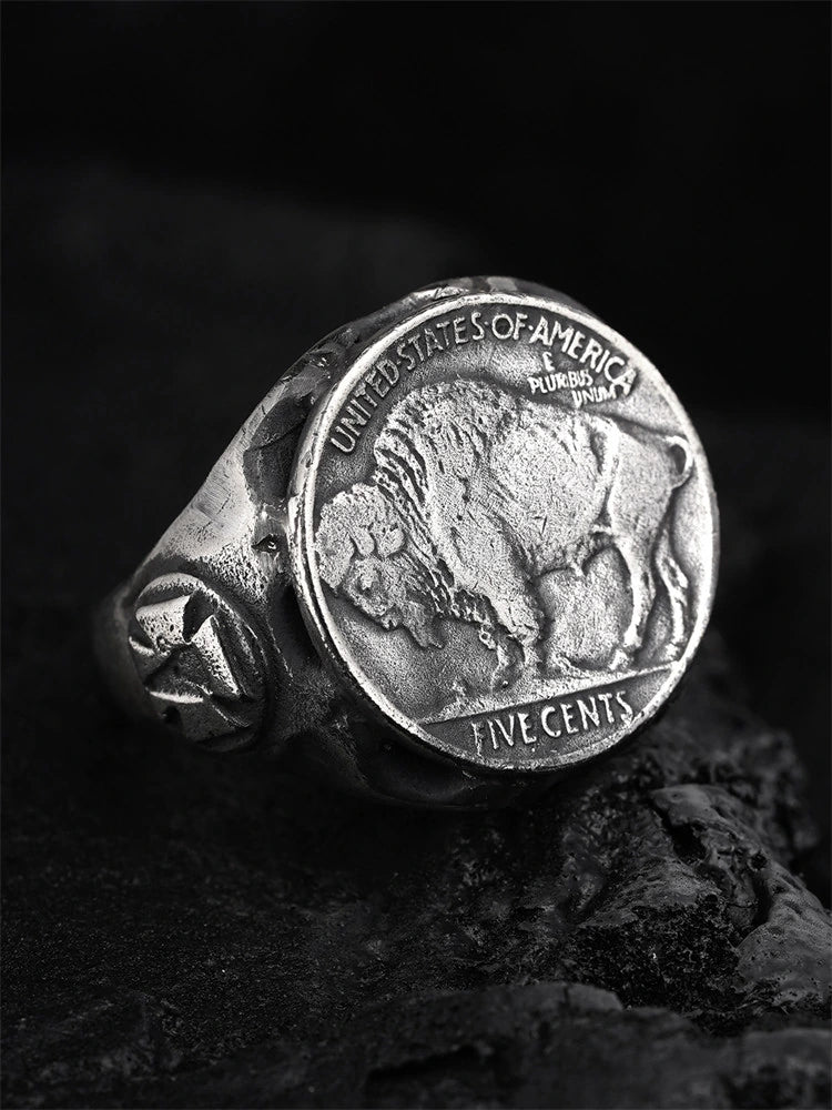 Buffalo Nickel 925 Sterling Silver Biker Signet Ring - view 1