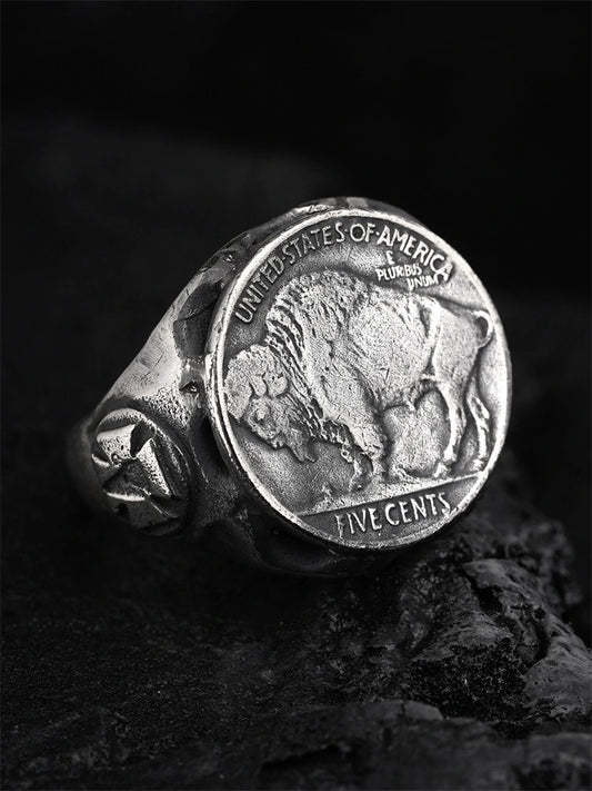 Buffalo Nickel 925 Sterling Silver Biker Signet Ring - view 1