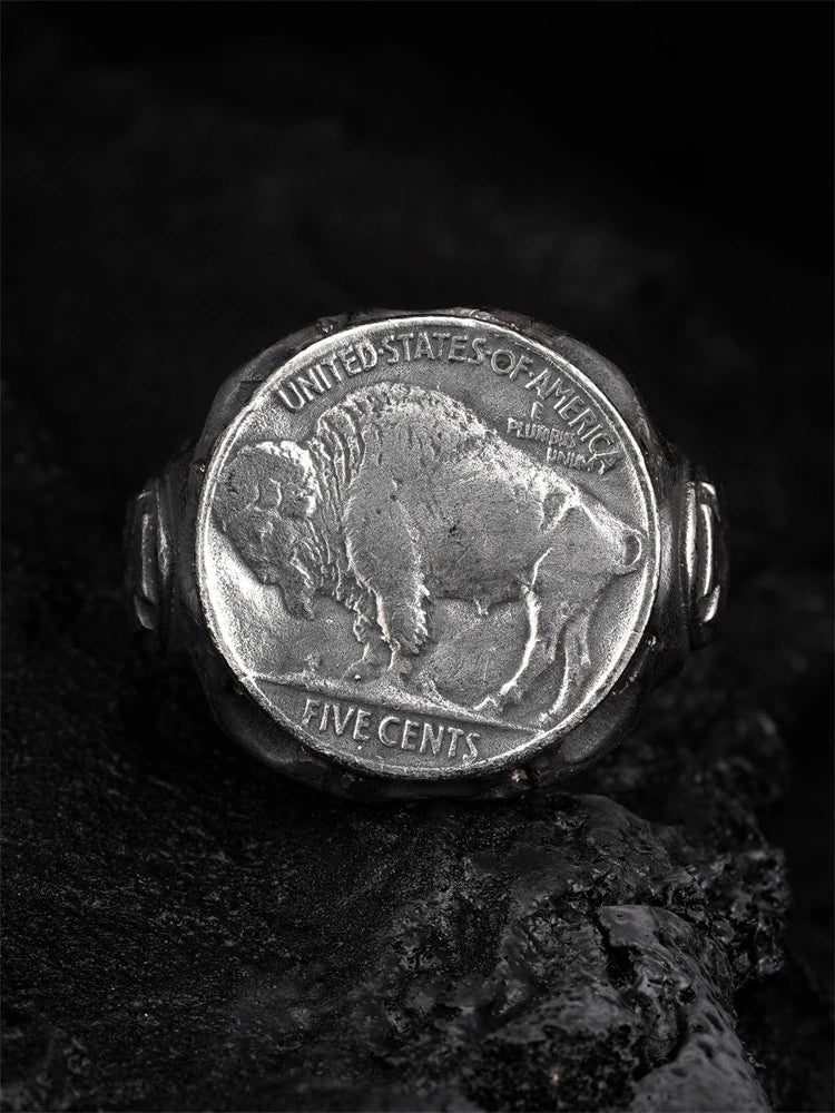 Buffalo Nickel 925 Sterling Silver Biker Signet Ring - view 2