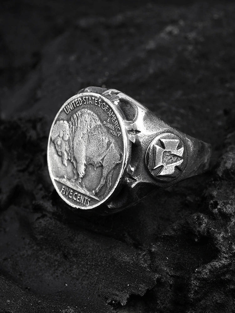 Buffalo Nickel 925 Sterling Silver Biker Signet Ring - view 3