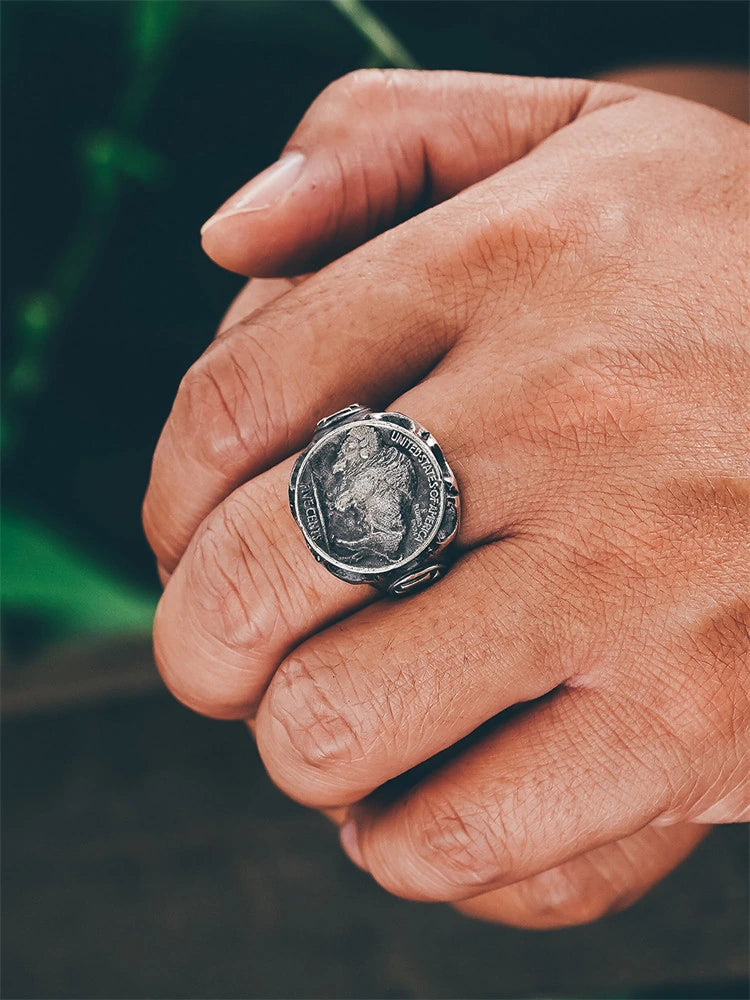 Buffalo Nickel 925 Sterling Silver Biker Signet Ring - view 4