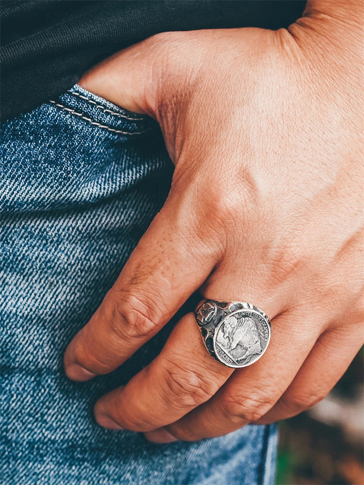 Buffalo Nickel 925 Sterling Silver Biker Signet Ring - view 5