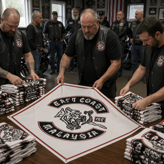 A chapter quartermaster organizes a bulk order of matching custom diamond flags for motorcycle club members.